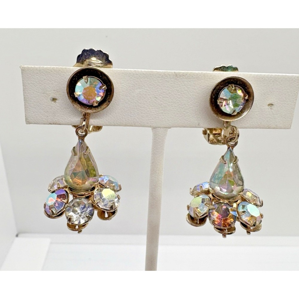 Vintage AB Clear Rhinestone‎ Cluster Drop Gold Tone Clip On Earrings 1940s Retro